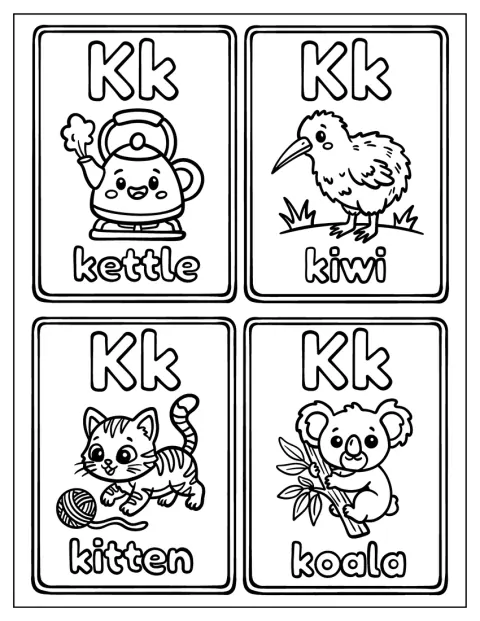 Cartões ilustrados mostram uma chaleira, um quivi, um gatinho e um coala associados à letra K.