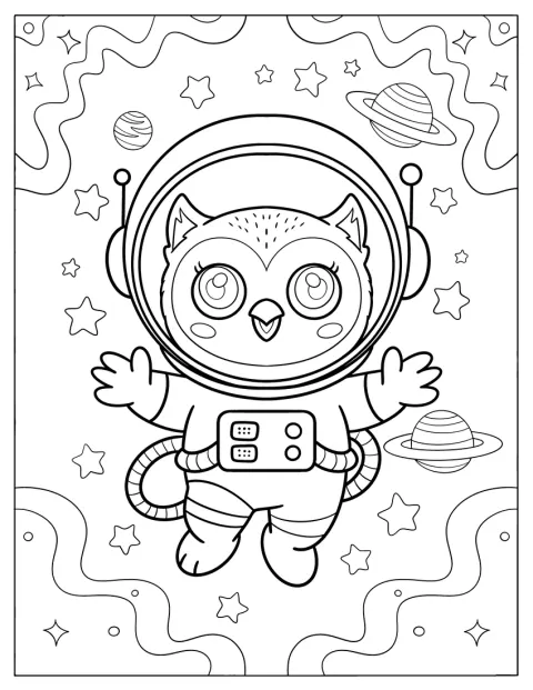 En astronautugle svever blant stjerner og planeter i verdensrommet.