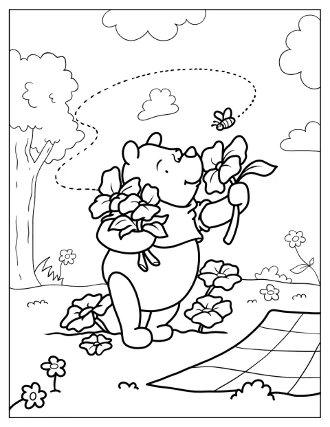 Winnie The Pooh Smelling Spring Coloring Page Flowers For Kids