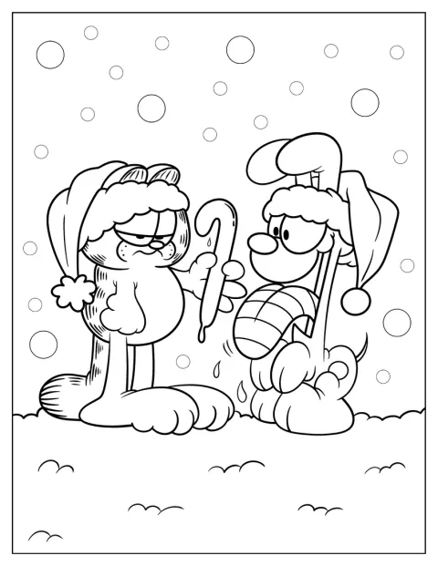 クリスマスにガーフィールドがオーディーへおやつを差し出しています。