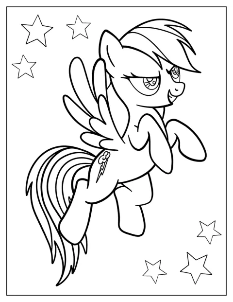 Rainbow Dash apare într-un contur simplu, în stil kawaii.