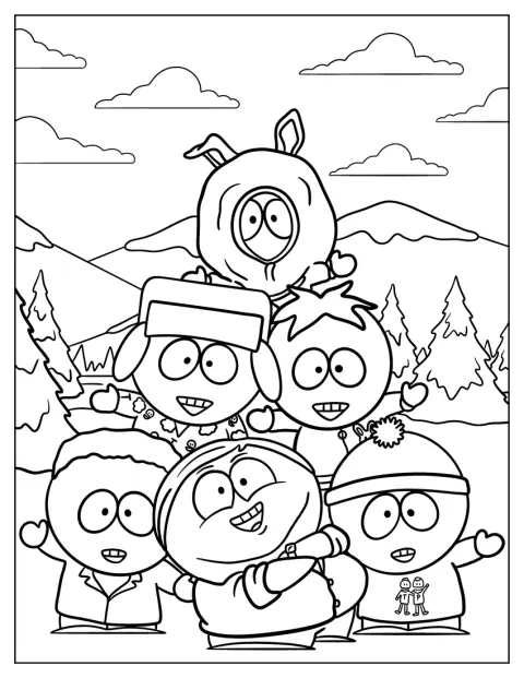Kenny, Kyle, Stan, Tolkien, Eric y Butters se suben unos sobre otros para formar una pirámide.