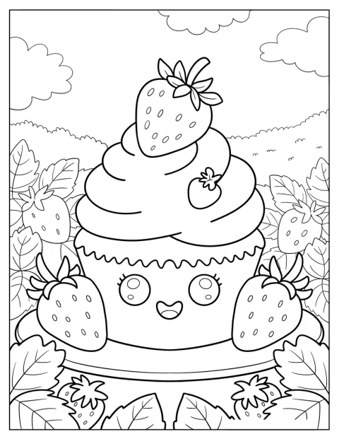 Eperrel koronázott édes cupcake látható egy bogyós gyümölcsökkel teli kertben.