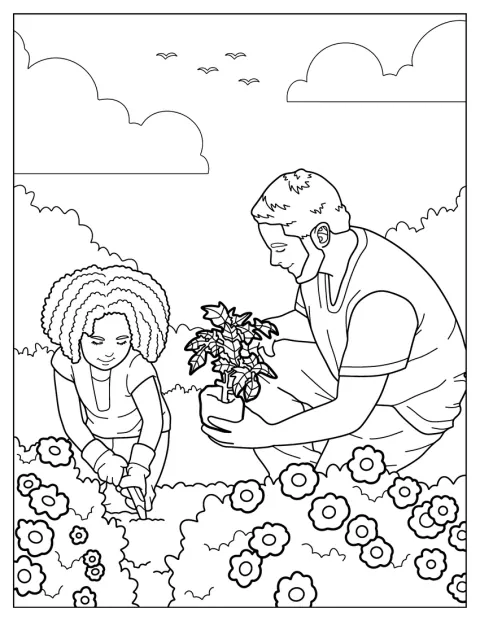 父親と娘が一緒に庭で植物の手入れをしています。
