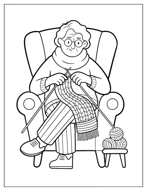 Una abuela está sentada en un sillón mientras teje.