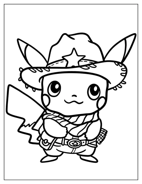 Pikachu apare în ținută de cowboy, cu un chip drăgălaș.