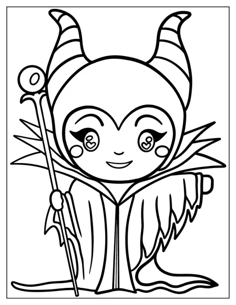 Maléfique est représentée dans un style kawaii aux traits adorables.
