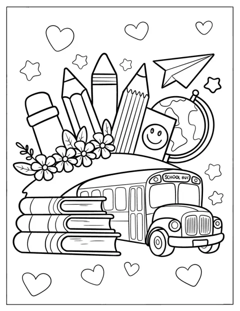Un autobús escolar va acompañado de lápices, un globo terráqueo, libros y flores.