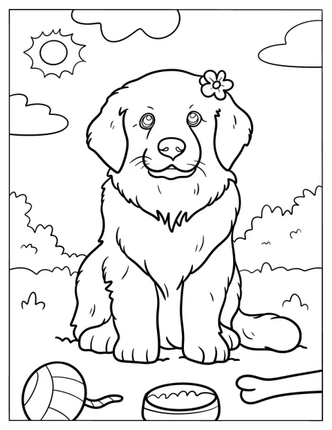 Egy bájos golden retriever fülét virág díszíti.