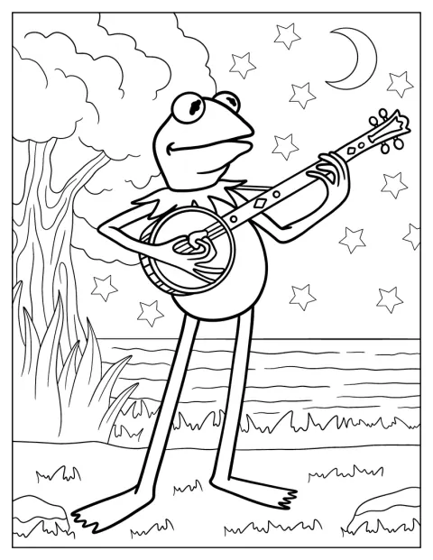 In der Nacht spielt Kermit auf seinem Banjo.