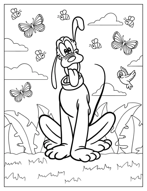 Pluto sidder i en have, mens sommerfugle og fugle flyver omkring ham.