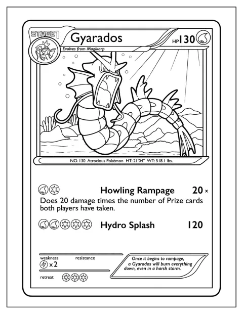 Gyarados ruge con furia en una carta Pokémon.