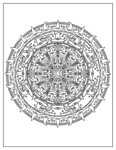 Cappelli da strega, gatti e scope si dispongono in un mandala festoso.