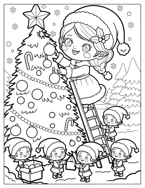 Mamma Natale addobba un albero di Natale con l’aiuto degli elfi.