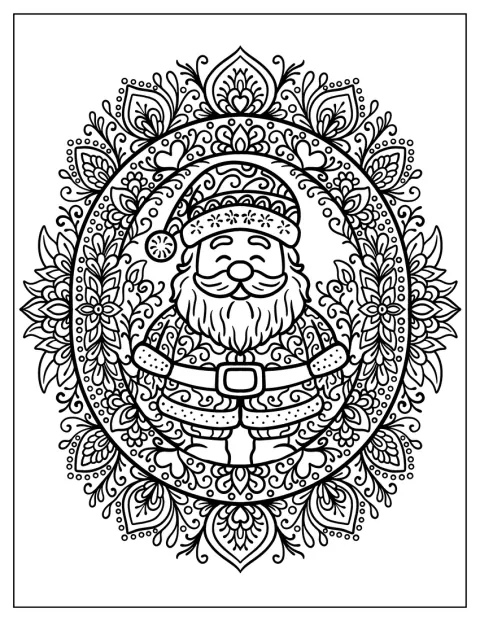 En jultomte omges av eleganta mandalablommor och blad.