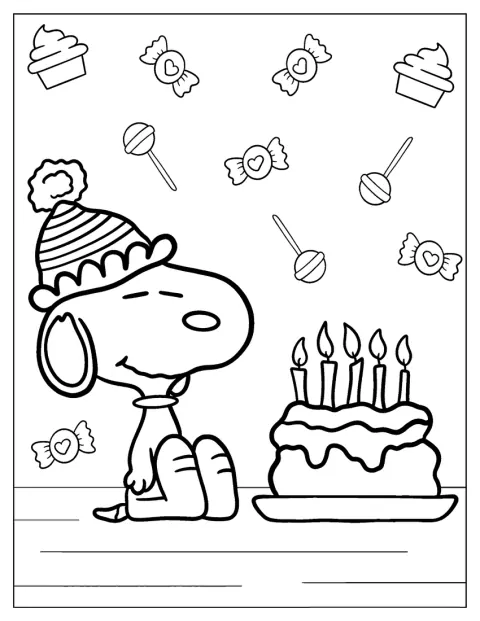 Snoopy feiert mit Geburtstagsdekoration und fröhlicher Stimmung.