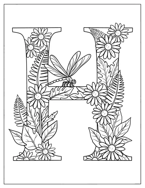 Uma libélula voa junto de uma letra H decorada com flores.