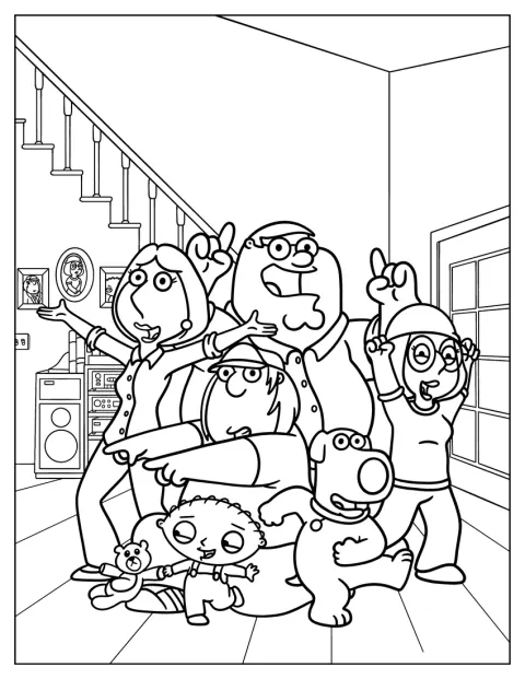 Peter, Lois, Chris, Meg, Brian és Stewie a házban ünnepel.