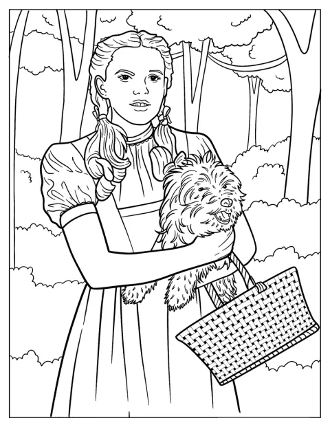 Dorothy îl ține pe Toto în brațe și poartă un coș în Oz.