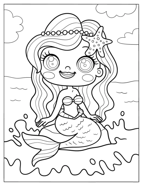 Uma sereia senta-se numa rocha, adornada com pérolas e estrelas-do-mar.