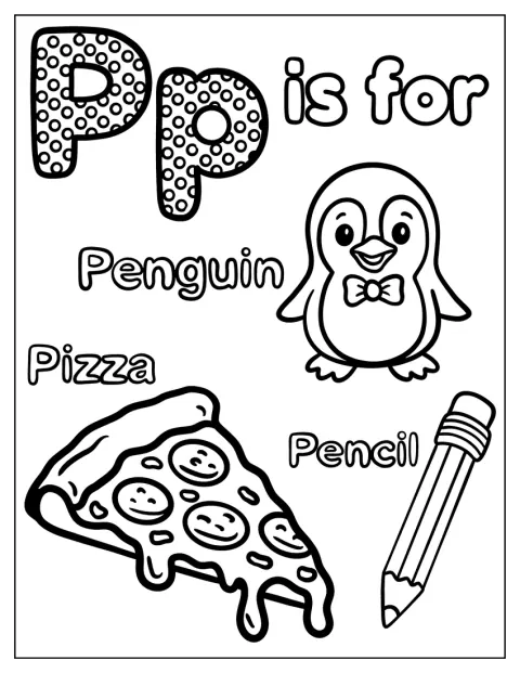 La lettre P à pois accompagne un pingouin, un crayon et une pizza.