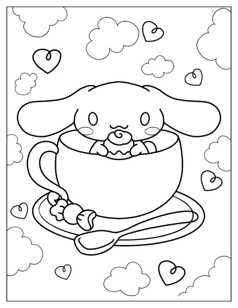 Cinnamoroll se pohodlně usadil uvnitř čajového šálku.