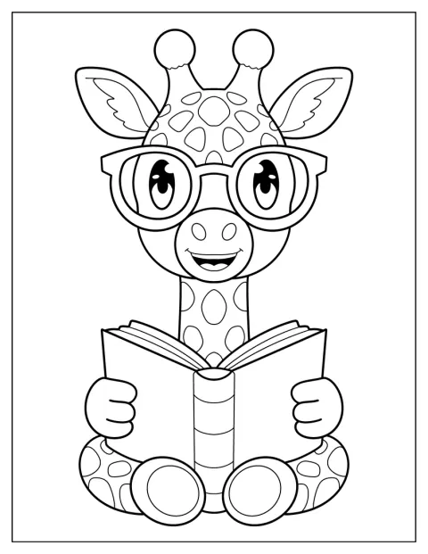 En klok giraff med briller sitter og leser en bok.