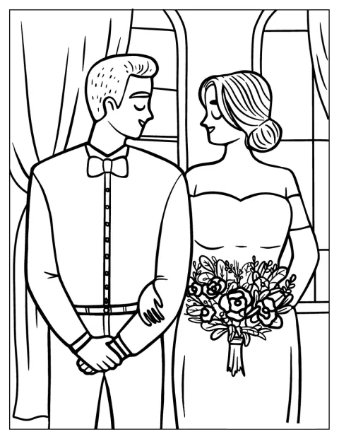 A noiva e o noivo aparecem juntos em trajes de casamento.