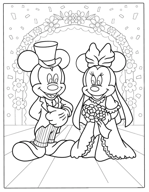 Minnie egér és Mickey egér az esküvőjük napján együtt állnak.