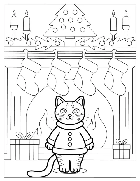 Un chat en pull se tient près d’une cheminée ornée de bas de Noël.