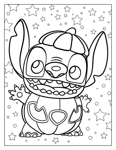 Stitch står ved et græskar i halloweenstemning.