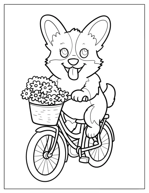 En corgi sykler med en kurv full av blomster foran.