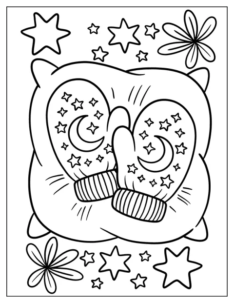 Mittens Coloring Page with Starry Patterns on a Pillow