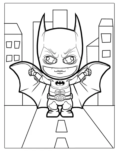 Le bébé Batman se tient debout, sa cape flottant derrière lui.