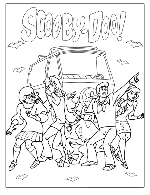 Scooby-gänget står bredvid Mystery Machine.
