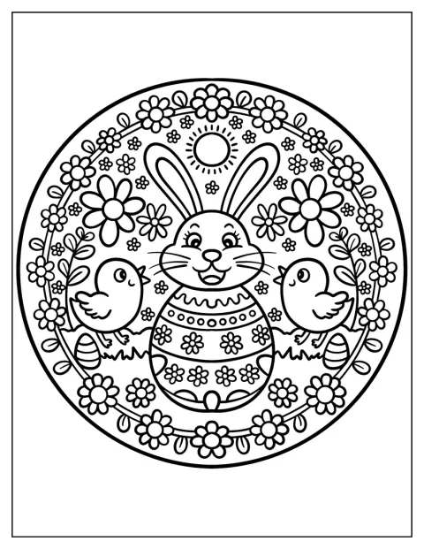 Küken, ein Hase, Ostereier und Blumen bilden ein niedliches Mandala.
