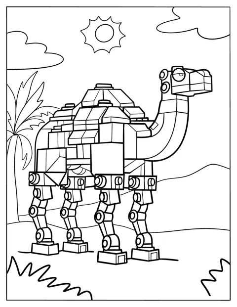 Een kameel van LEGO-blokjes staat afgebeeld met veel kleine details.