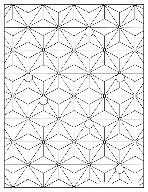 Isometriske kuber ligger lagvis sammen med sirkler i et geometrisk mønster.