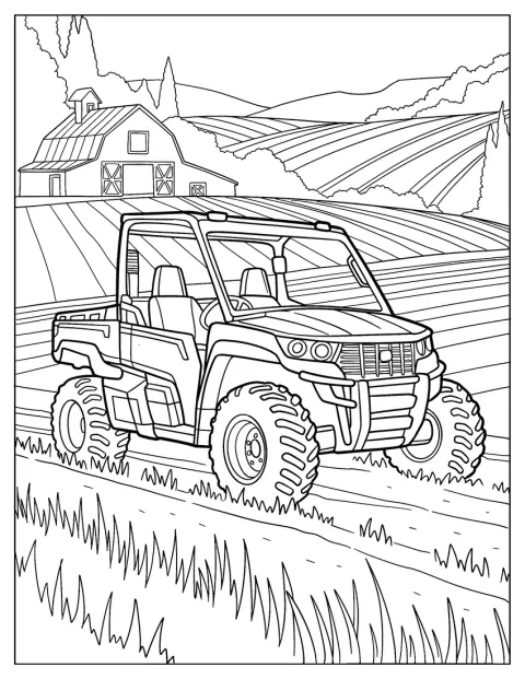 Rural Work UTV Coloring Page Rolling Past Crop Fields on a Farm