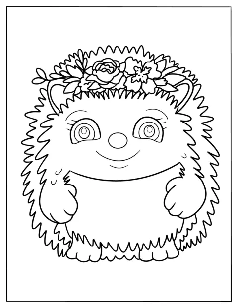ハリネズミが、かわいい花冠をかぶっています。