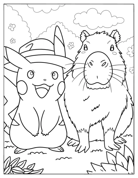 Pikachu stă pe iarbă lângă o capibara.