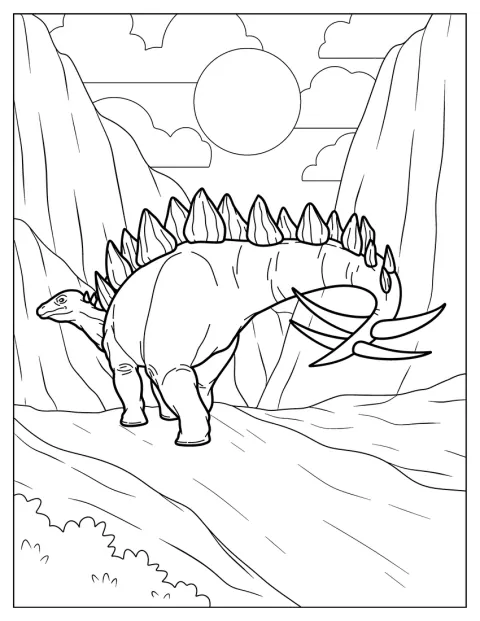 Un Stegosaurus se află într-un peisaj montan.