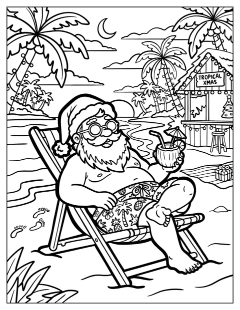 En beruset julemand solbader på stranden i juletiden.