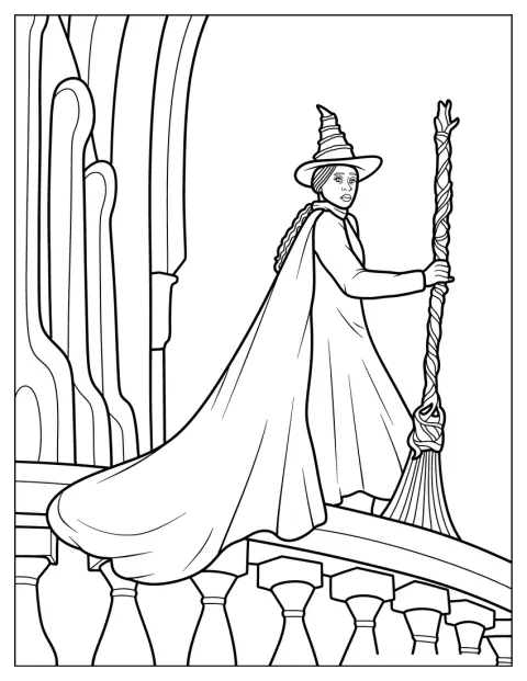 Op de rand van een balkon houdt Elphaba haar bezemsteel vast.