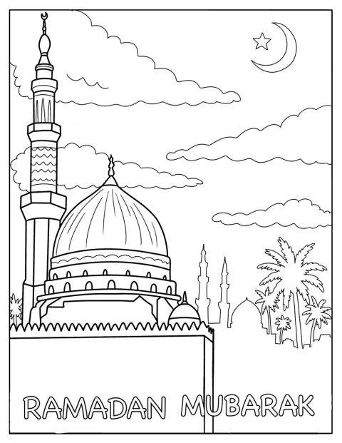 Die Silhouette einer Moschee und mehrere Palmen zeichnen sich vor dem Himmel ab.