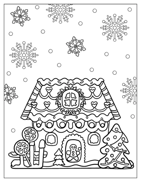 ロリポップやクリスマスツリーに囲まれたお菓子の家が描かれています。