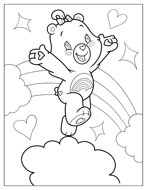Cheer Bear salta alegremente con las patas extendidas.