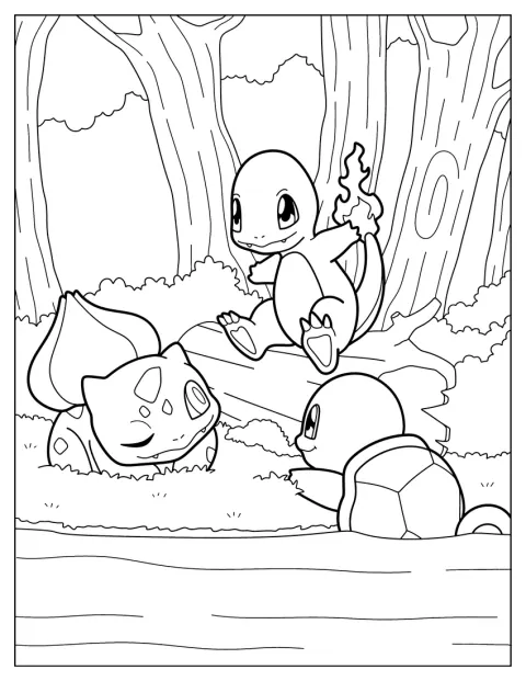 Bulbasaur står sammen med Charmander og Squirtle i en skov.