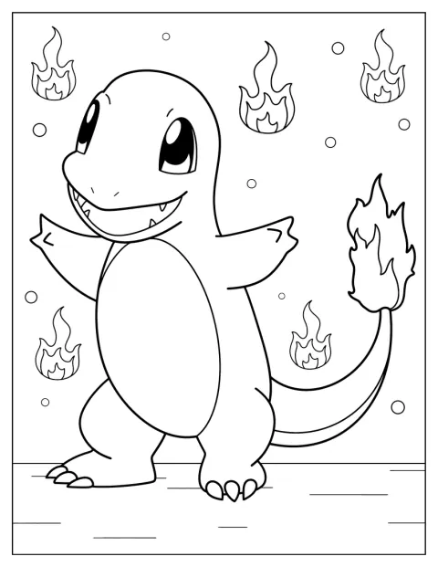 Charmander stă într-o poziție jucăușă.