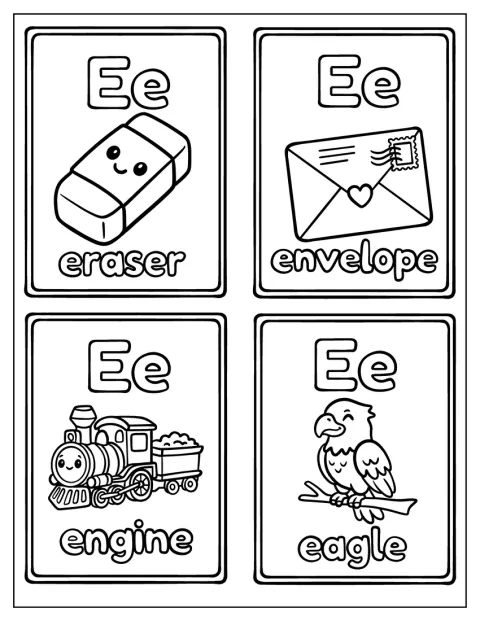 Ett suddgummi, ett kuvert, ett lok och en örn visas kring bokstaven E.
